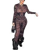 THLAI Women's See Through Mesh Bodycon Two Piece Sets Sexy Print Long Sleeve Clubwear