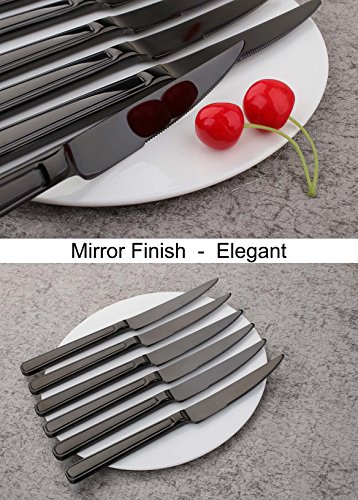 Steak Knife Set Black, Onlycooker Heavy Duty Knives Stainless Steel 6 Piece 9-inch Table Flatware Silverware Dishwasher Safe Use for Home Kitchen or Restaurant