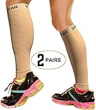 2 PAIRS Calf Compression Sleeve for Men & Women, Best Footless Socks for Shin Splints & Leg Cramps, Calves Circulation Remedy, Support Stockings, Running, Basketball Lycra Tights - ALL BEIGE L/XL
