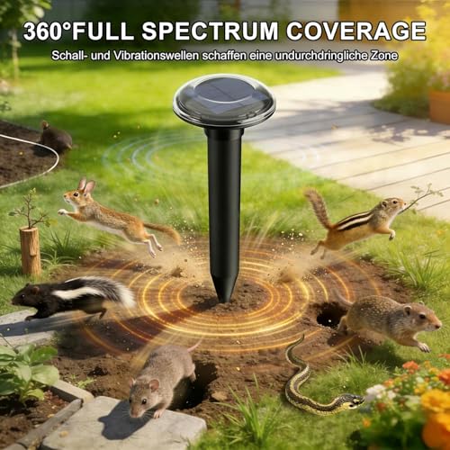 Uffylle Pack of 4 Mole Repellent, Maximum Coverage 900 m² Solar Mole Repeller Test Winner Vole Repeller Vibration Vole Repellent IP68 Mole Fence Against Moles & Voles