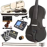 Cecilio CVN-Black Ebony Fitted Solid Wood Violin with Tuner and Lesson Book - Metallic Black, Size 4/4 (Full Size)