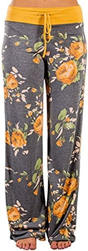 AceIce Women's Comfy Stretch Floral Print Lounge Pants Casual Drawstring Palazzo Pants Wide Leg Pajama Pants (Yellow, Tag S= US 2-4)