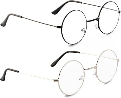 YICHENGTIANXIA Vintage Round Metal Glasses, 2 Pairs, Black & Silver