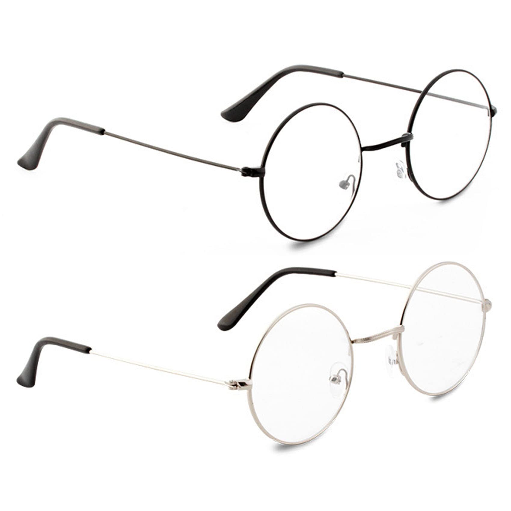 YICHENGTIANXIA Metal Frame Round Glasses Vintage Metal Clear Lens Glasses, Unisex, Black, Silver, (2 Pairs)
