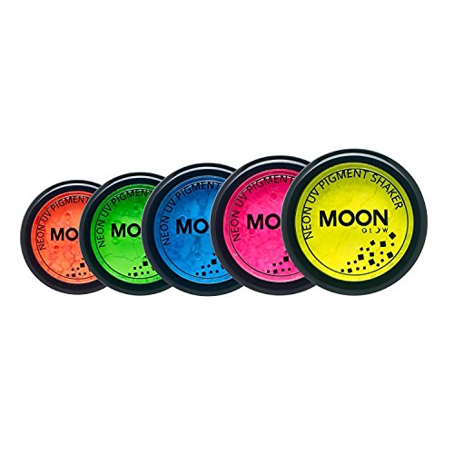 Moon Glow - Blacklight Neon UV Pigment Shaker 0.1oz Set of 5 â€“ Glows brightly under Blacklights / UV Lighting! Use on the face/body, as loose eye shadow and for nail art.