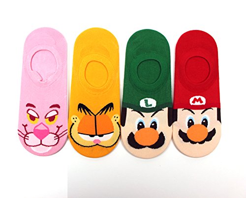 WOWFOOT Women Animation Design No-Show Casual Liner Socks Colorful Animal Character Non Slip Flat Boat For Girl (4 pair - Ani-Character 2)