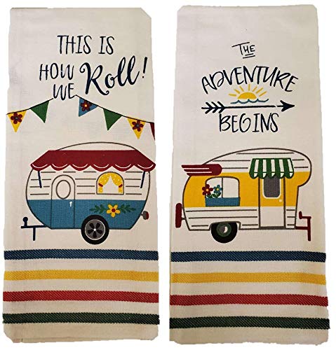 DHE Bundle of 2 Camper Themed Kitchen Tea Towels, This is How We Roll and The Adventure Begins