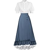FCCAM Victorian Dress for Women Short Sleeve 1800s Edwardian Dress Costume with Pockets