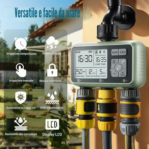 CROSOFMI 3 Way Automatic Digital Watering Timer Irrigation Timer Programmer Garden Irrigation /IPX5 Waterproof/Rain Delay/Manual Watering Mode