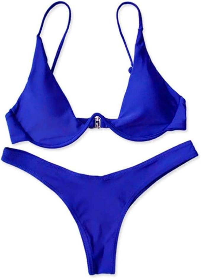 TwoPiece Blue Thin Shoulder Strap Women's Swimsuit Retro High Waist