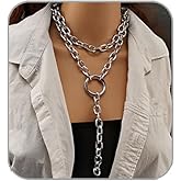 ANGLEQUEEN Chunky Silver Necklaces for Women Silver Layered Pirate Necklaces Punk 8090s Hip Hop Cuban Link Chain Necklace Layered Choker Necklace Pirate Prom Jewelry Freaknik Outfit Accessories