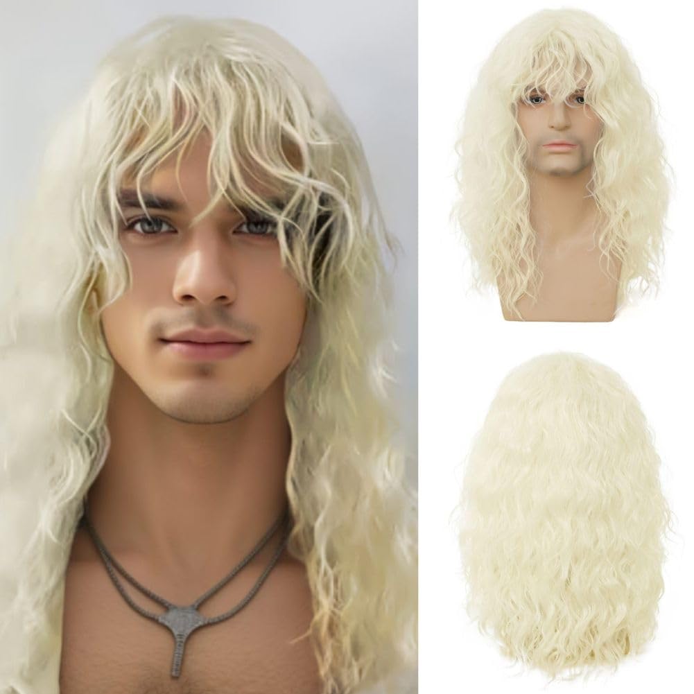 Salaibs Blonde Long Curly Wigs for Men 70s Rocker Shoulder Lenght 80s Hair Wig with Bangs Fluffy Punk Heavy Metal Wig for Party Cosplay Halloween Use — image 1