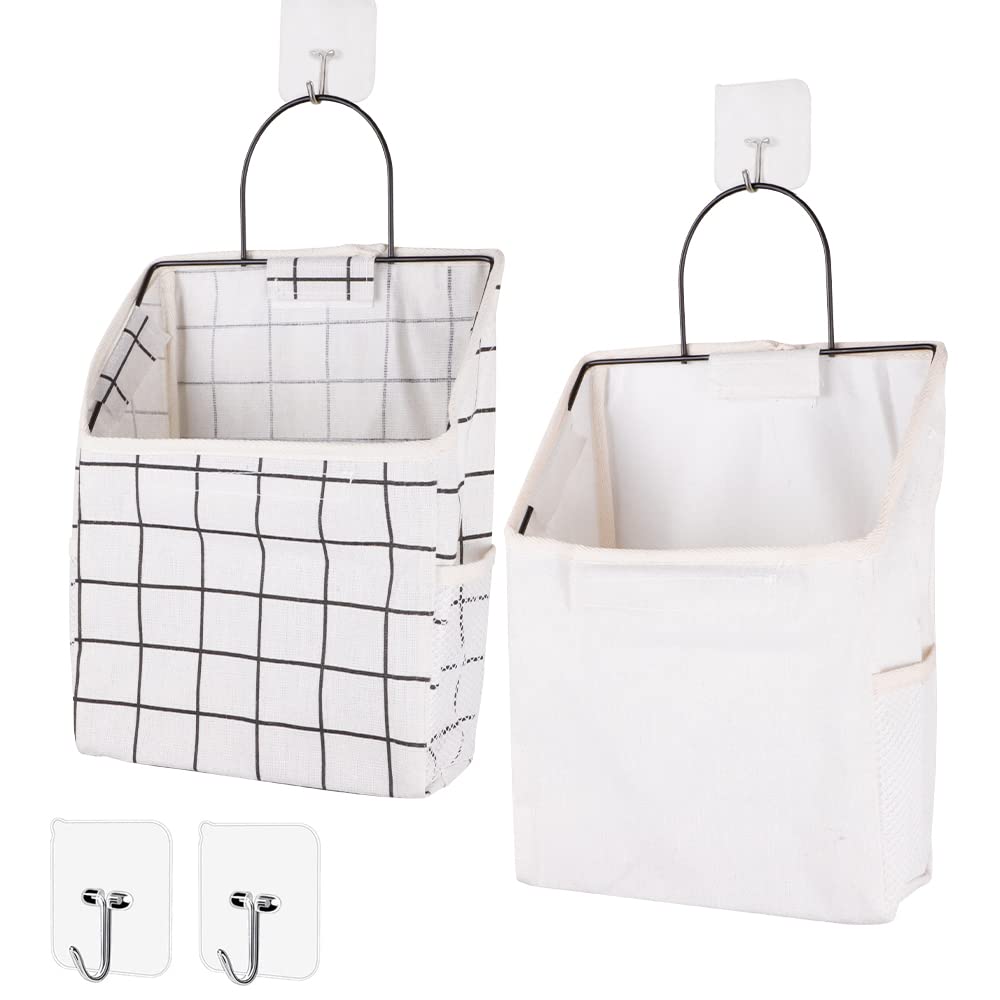 BieFuSin 2Pcs White Plaid Fabric Wall Hanging Storage with Hook, Hanging Waterproof Storage Bags with Side Mesh Pockets, Stylish Hanging Storage Pouches for Bedroom, Bathroom, Kitchen