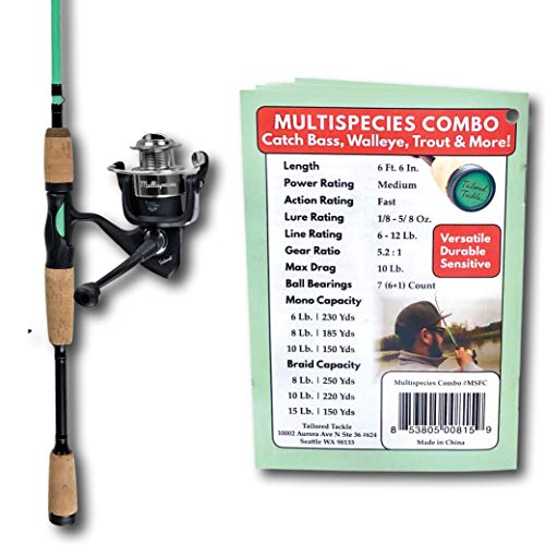 Tailored Tackle Universal Multispecies Rod and Reel Combo Fishing Pole | Freshwater & Inshore Saltwater | Poles 6 Ft 6 in Rods Medium Fast Action | Spinning Reels 7BB | Combos L & R Handed