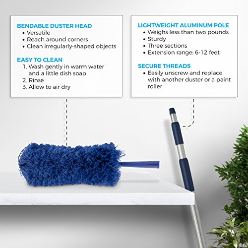 Extendable Microfiber Duster Extension Rod | Ceiling Fan Duster 20 Foot Reach | Cobweb 3-Stage Aluminum Telescoping Pole | Lightweight Webster Telescoping Cleaning Tool | U.S. Duster Co.