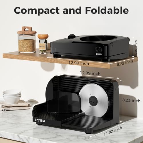 OSTBA Foldable Electric Food Slicer, Adjustable Thickness 0–15mm, 6.7” Stainless Steel Blade, 150W Motor, Portable & Easy-to-Clean, Meat, Cheese, Bread, and Vegetable Slicer for Home Kitchen, Black