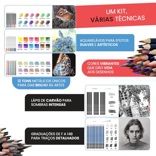 Kit de Desenho Profissional Completo 72 Peças com Estojo Portátil – Lápis Grafite, Carvão, Aquarela e Acessórios para Artistas, Estudantes, Iniciantes e Crianças Premium
