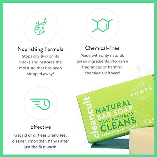 Natural Hand Bar Soap that Actually Cleans! - Lemongrass Scent - 100% Organic - Eco-friendly - Moisturizing - Safe for Kids - Baby Safe - Chemical Free - Effective | by cleancult (3.25oz)