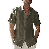 JEKAOYI Mens Casual Linen Cotton Button Down Short Sleeve Shirts Cuban Camp Guayabera Beach Tops