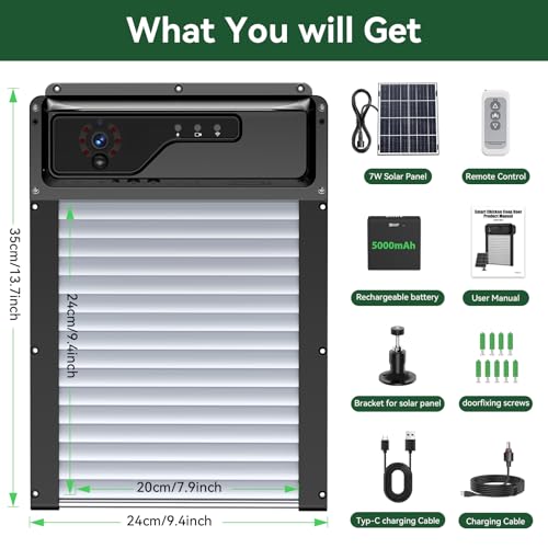 Automatic Chicken Coop Door with Camera, Solar Powered Smart Chicken Door with WiFi App Control, 1080P HD Night Vision, 5000 mAh Battery, Anti-Pinch Safety, Smart Alerts, Space-Saving Roll-Up Design
