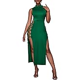 LYANER Women's Sexy Mock Neck Cut Out Side Lace Up Sleeveless Bodycon Maxi Tank Dress