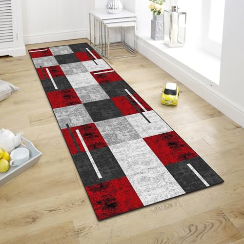 WTHYGB Teppich Läufer Flur Teppichläufer Küchenläufer Küche Teppiche rutschfest Waschbar Bettvorleger für Flur Waschküche, 80x200cm Geometrisches Rot