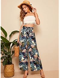 Pantalones para dama con cinturón, cintura con volantes, estampado tropical Boho de pierna ancha