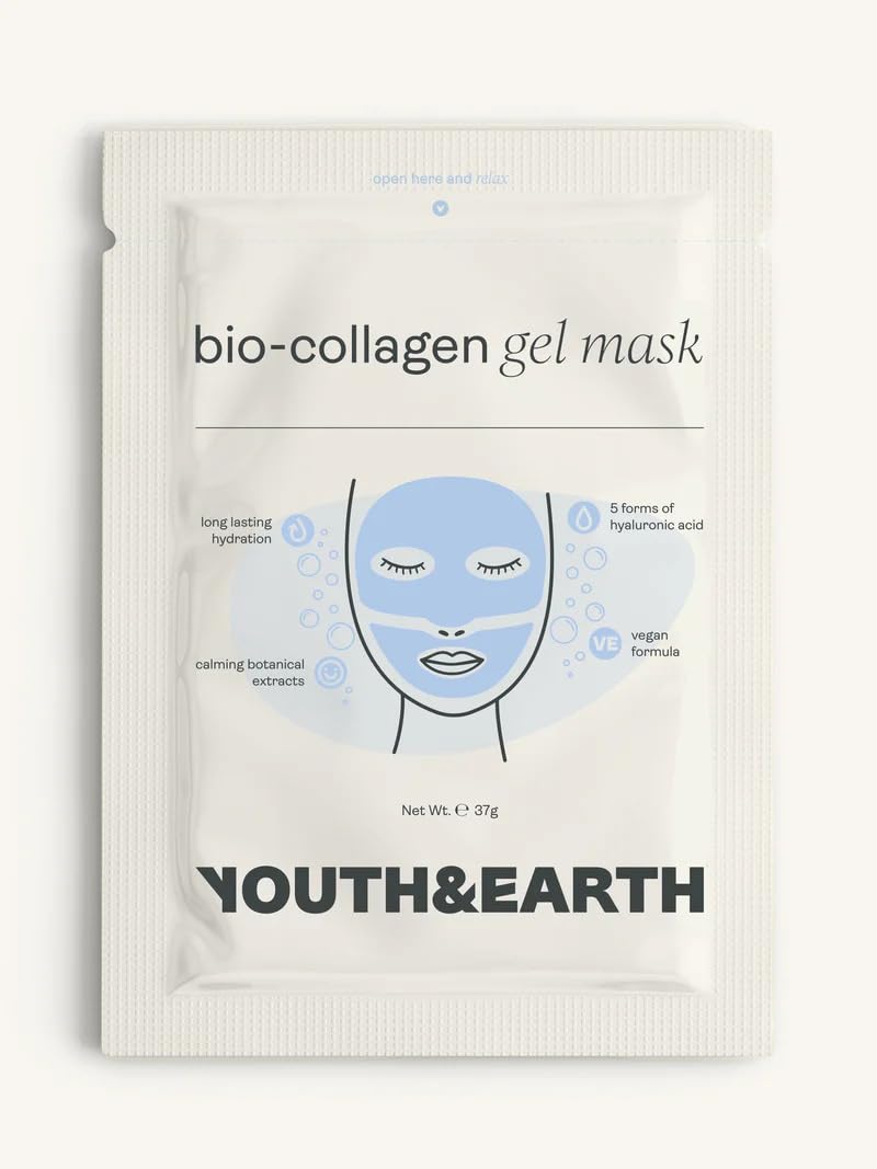 Youth & Earth Bio-Collagen Hyaluronic Acid Face Mask – Deep Hydration Gel Mask for Glass Skin, Elasticity & Firmness, Korean Skincare with Glycerin, Vegan, for All Skin Types | 5 Pack