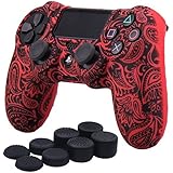 YoRHa Water Transfer Printing Flowers Silicone Cover Skin Case for Sony PS4/slim/Pro Dualshock 4 controller x 1(red) With Pro thumb grips x 8