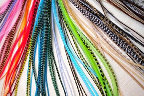 Bohemian Feather Hair Extensions, 100% Real Rooster Feathers, Long Rainbow Colors, 20 Feathers with Bonus Free Beads and Hook Needle