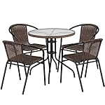 Flash Furniture Round Glass Metal Table with Rattan Edging and 4 Rattan Stack Chairs, 28", Dark Brown