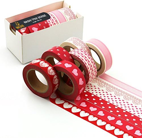 Three Leaves Valentine Bright Colorful Washi Masking Tape Collection,Heart &amp; Lace Japanese Paper Tape set of 6