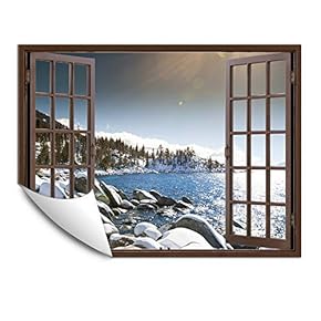 Wall Murals for Bedroom Fake Window Beach Brown Window Removable Wallpaper Peel and Stick Wall Stickers - 24x32 inches