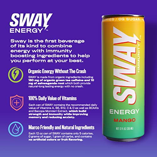 Sway Energy + Immunity Drink, Mango, 12 Fl Oz (12 Count), 160 mgs of