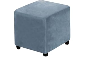 LEXFORT Velvet Ottoman Covers Slipcover Square Footstool Protector Covers Storage Stool Ottoman Covers Stretch with Elastic Bottom Small Stone Blue