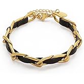Sugar and Cloves Elegant 18K Yellow Gold-Plated Stainless Steel Chain Bracelet with Black Leather Weave, Fashion Jewelry for Women, 7 inch Length with Extension, Tarnish Resistant