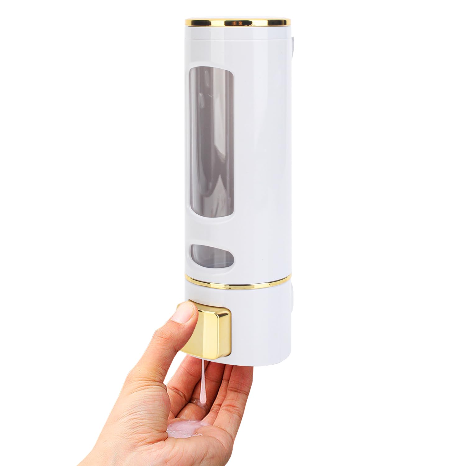 450ml Wall Mount Soap Dispenser - Manual Hand Shampoo and Shower Gel Dispenser for Bathroom and Kitchen - Lotion Container - Convenient and Stylish (White Shell, Golden Press)