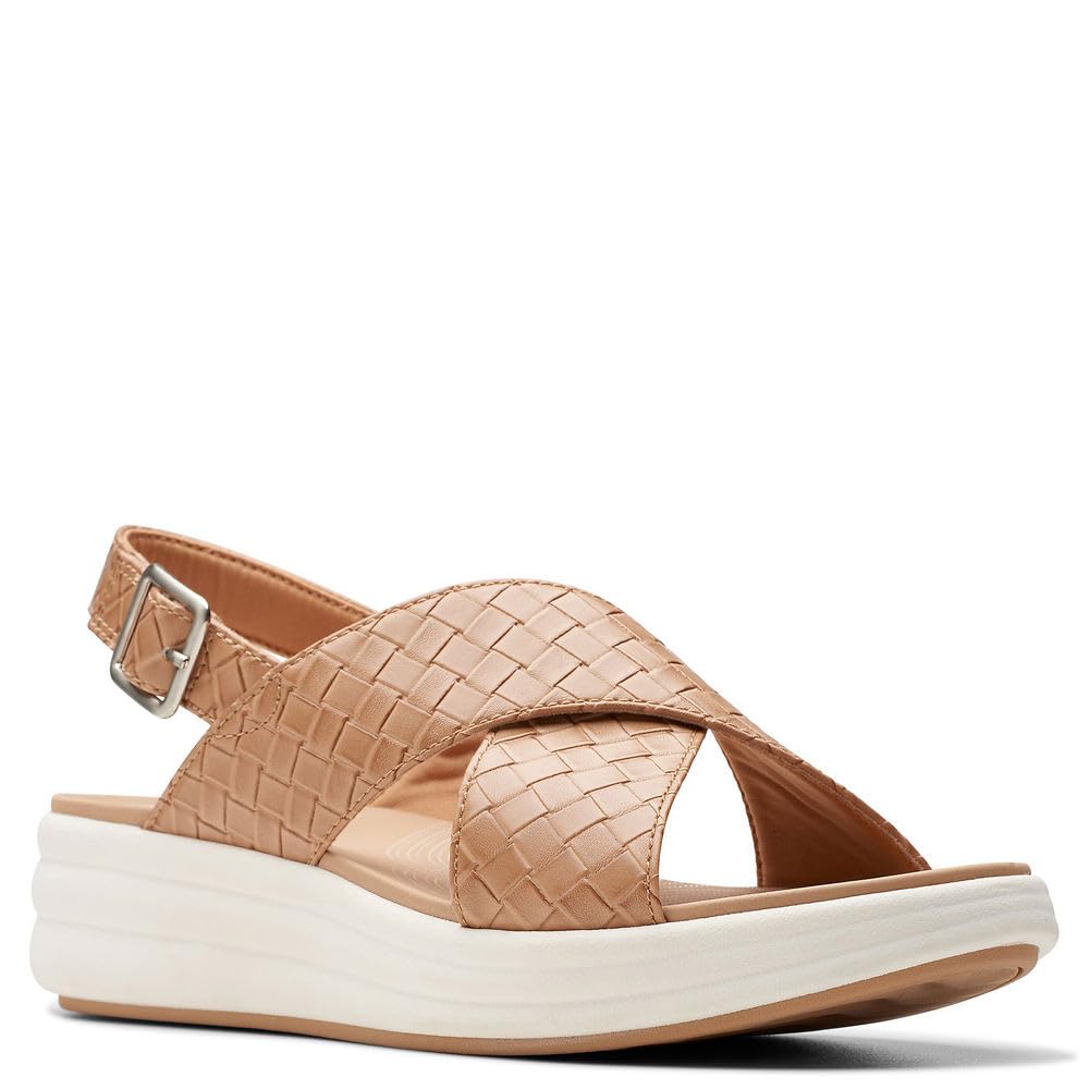 Clarks Women’s Drift Sun Wedge Sandal, Warm Beige Synthetic, 6 Wide