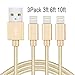 iPhone Charger Cable, Quntis 3Pack (3ft 6ft 10ft) Braided Charging and Syncing USB Lightning Charger Cord Certified for iPhone 7 7 Plus 6S 6 Plus 6S 6 SE 5S 5C 5 iPad Air Mini iPod Nano 7 (Gold)