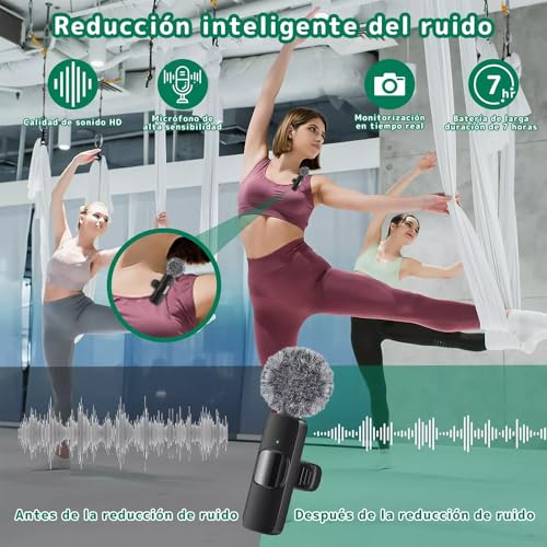 2 Pack Micrófono Inalámbrico,Microfono de Solapa para iPhone/iPad/Android/PC,Inalámbrico Lavalier Compatible Profesional con Reducción de Ruido Inteligente,Plug and Play,para Vlog Video,Youtube Tiktok