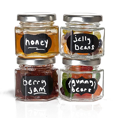Hexagon Glass Jars by Nellam - 4oz, 24 Pack. Includes 48 Chalk Sticker Labels and 2x Chalk Pen. DIY Jars for Canning, Party Favors, Jams, Sauces, Herbs, Spices. (Silver Lid - 24 Pcs)