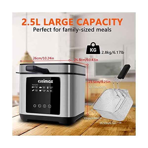 CUSIMAX-25L-Deep-Fat-Fryer-1200W-Touchscreen-Compact-Deep-Fryer-with-Timer-and-Temperature-Control-Stainless-Steel-Basket-and-Viewing-Window-Removable-Lid-Non-Stick-Oil-Tank-SilverBlack CUSIMAX 2.5L Deep Fat Fryer, 1200W Touchscreen Compact Deep Fryer with Timer and Temperature Control, Stainless Steel…