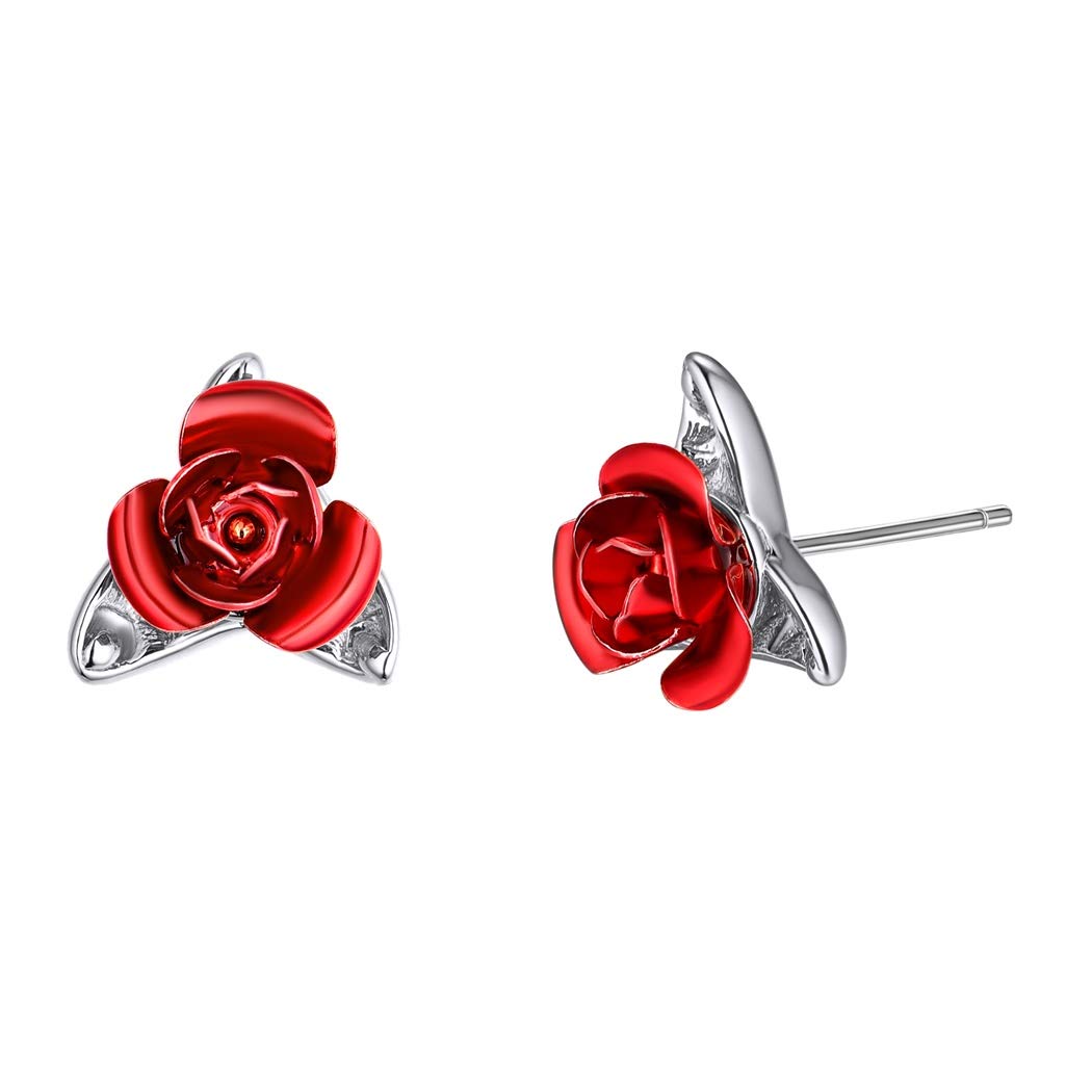 Suplight Red Rose Earrings Plant Jewerly 18K Gold Dainty Floral Flower Leaf Ear Studs Gifts for Women