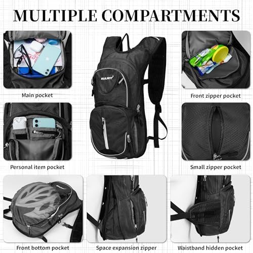 Petit Sac a Dos de VTT,Impermeable Sac à Dos Ski,12L Reflechissante Sacs à Dos D'hydratation Isotherme pour Course Vélo Randonnée Natation Camping Alpinisme,Noir