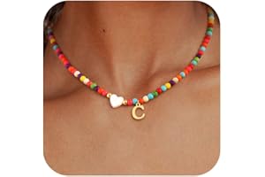 TOBENY Dainty Initial Necklaces for Women Colorful Beaded Necklaces Handmade Personalized A-Z Gifts Trendy Stuff 14K Gold Plated Bohemian Letter Choker Necklace with Heart Shaped Shells Jewelry Gift