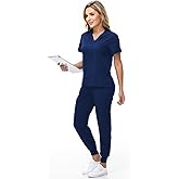 KARAZZO Women's Medical Scrub Sets Stretch V-Neck Scrub Top & Jogger Pant with 8 Pockets Nursing Uniform Scrubs Suit