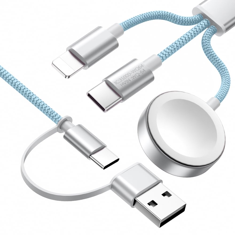 Wtinquik Travel Essentials, Multi Fast Charging Cable for iPhone Charger, 3 in 2 USB C Cable Cord Compatible with iWatch Ultra/SE/10-1/iPhone 17-11/Samsung S25-22, 4FT, Blue