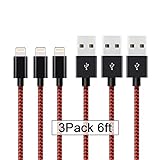 AOFU iPhone Cable,3Pcs 6FT Nylon Braided Lightning Charger to Cable Data Syncing Cord Compatible with iPhone 7/7 Plus/6S/6S Plus,SE/5S/5,iPad,iPod Nano 7(Black Red)