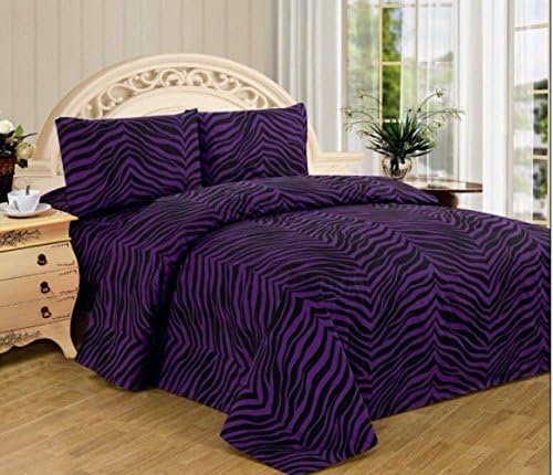 4 Piece animal jungle black PURPLE zebra print sheet set KING wrinkle free