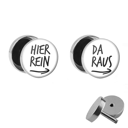 Treuheld® | Set - Hier REIN DA Raus - Ohrstecker zum Schrauben (Fake Plugs) - Handschrift - Ø 10mm - Weiß-Schwarz - Chirurgen